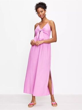 LOFT Beach Tie Front Cutout Smocked Maxi Dress Pink L Side Slit